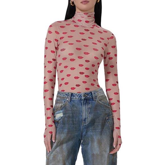 AFRM Tops - AFRM Zadie Almond Kiss Print Turtleneck Mesh Top Size M